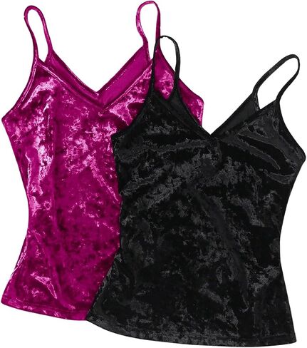 SOLY HUX Women's 2 Piece Velvet Cami Top V Neck Spaghetti Strap Solid Tops in Saudi Arabia