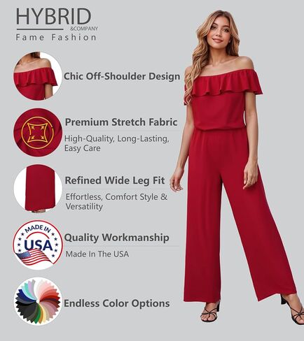 Hybrid & Company Women's Lightweight Off Shoulder Jumpsuit – Stretchy Wide Leg Romper – Casual to Formal One Piece Outfit in Kuwait
