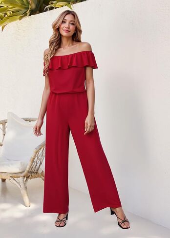 Hybrid & Company Women's Lightweight Off Shoulder Jumpsuit – Stretchy Wide Leg Romper – Casual to Formal One Piece Outfit in Kuwait