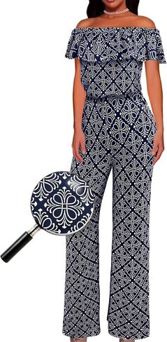 Hybrid & Company Women's Lightweight Off Shoulder Jumpsuit – Stretchy Wide Leg Romper – Casual to Formal One Piece Outfit in Kuwait