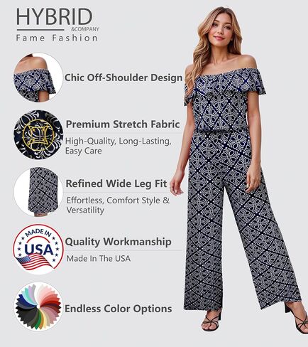 Hybrid & Company Women's Lightweight Off Shoulder Jumpsuit – Stretchy Wide Leg Romper – Casual to Formal One Piece Outfit in Kuwait