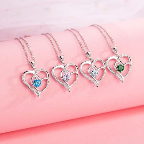 Birthstone Necklace for Women Jewelry, 18K White Gold Heart Necklace Sterling Silver Diamond Necklaces Jewelry Birthday Gifts for Women Wife in Kuwait