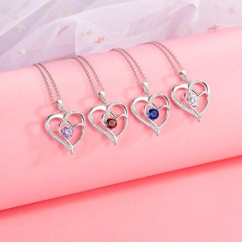 Birthstone Necklace for Women Jewelry, 18K White Gold Heart Necklace Sterling Silver Diamond Necklaces Jewelry Birthday Gifts for Women Wife in Kuwait