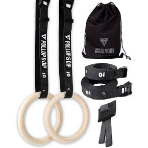 PULLUP & DIP Premium Gymnastic Rings, Wooden Gym Rings for Calisthenics - Wide Straps with Length Markings + Door Anchor + Carry Bag + Exercise Guide, Calisthenics Rings