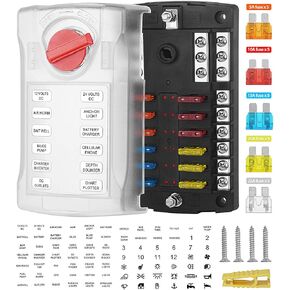 Jtron 12-Way Boat Fuse Block, Waterproof Fuse Panel with LED Warning Indicator Damp-Proof Cover - with Negative Bus Fuse Box Holder for Car Marine RV Truck DC 12-32V, Fuses Included 5A 10A 15A 20A 25A