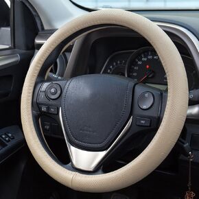 FMS Genuine Leather Automobiles Steering Wheel Cover Wrap Universal 15 inch Automotive Interior Accessories–Beige, Durable, Breathable, Anti Slip