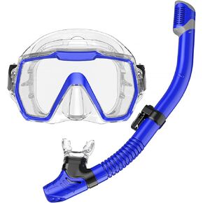 Snorkel Set Adults Snorkeling Gear Anti-Leak and Anti-Fog Tempered Glass Lens Panoramic View Swim Mask Dry Top Snorkel Kit for Snorkeling Scuba Diving Swimming Travel with Carry Bag