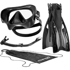 Italian Design Premium Tempered Glass Lens Anti-Fog Panoramic View Frameless Snorkel Mask, Elite Dry Snorkel Tube, Adjustable Fins - Mask Fin Snorkel Set