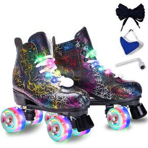 Roller Skates Women Men - Microfiber Leather Roller Skate Classic High Top Double Row Roller Skates for Indoor Outdoor with Light up Shoe Laces