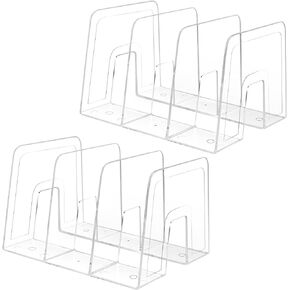 Clear Desktop Book Organizer, Creative Book Stand, Divider Bookshelf for Home School and Office, Non-Acrylic Stand Bookshelves (3 Sections), Transparent, Pack of 2