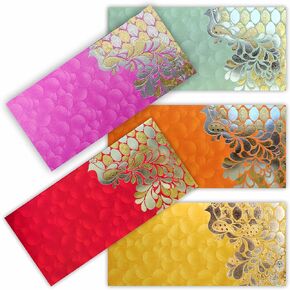 PARTH IMPEX Shagun Gift Envelope for Cash (Pack of 50) 7.5" x 3.5" Peacock Feather Gold Silver Foil Stamping Assorted Color Money Holder Card for Christmas Diwali Birthday Wedding Graduation