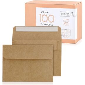 Sweetzer & Orange, Kraft Envelopes Self Seal. 100x Envelope with Box. Mailing Envelopes 5x7 (True 5.25 x 7.25 in.) Brown 150gsm Self Sealing Envelopes, Blank A7 Envelopes for Invitations and Wedding