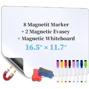Magnetic Dry Erase White Board for Fridge Pack of 2, Flexible Refrigerator Magnet Whiteboard Notepad for Home Kitchen Memo Grocery List, Includes 8 Markers and 2 Eraser with Magnets, (12"×9", White)