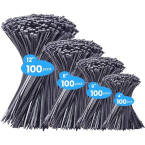 REZOSY Zip Ties,(4"+6"+8"+12"), 400 Pack Black Assorted Sizes,Uv,Multi-Purpose Self-Locking Nylon Cable Management,Plastic Wire Ties for Home,Office,Garden,Workshop.