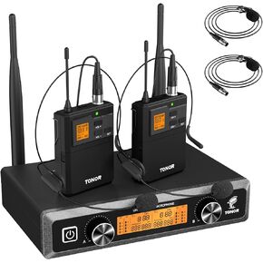 TONOR UHF Wireless Microphones System with Headset/Lavalier Lapel Mics, Bodypack Transmitter, Receiver, 2*15 Channels, 200ft Range for Live Singing Karaoke Church Party DJ PA Speaker Mixer Recording