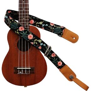 MUSIC FIRST Original Design “Dark Night Garden" Soft Muslin & Genuine Leather Ukulele Strap Ukulele Shoulder Strap With a Genuine Leather Strap Locker