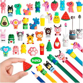 70 Pcs Cartoon Pencil Toppers for Kids, Animal Pen Toppers for Decorating Pen Caps, Pen Tip Protection, Dinosaur Unicorn Erasers Toppers for School Prizes, Classroom Supplies, Party Favors (Mixed)
