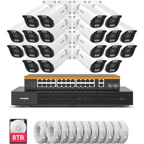 نظام كاميرا أمان H.VIEW 4K 32 قناة NVR PoE 8 تيرابايت، اكتشاف المركبات البشرية بالذكاء الاصطناعي، مفتاح PoE 24 منفذًا، كاميرات IP PoE الصوتية التجارية الخارجية 20 × 8 ميجابكسل، اكتشاف الذكاء الاصطناعي، المراقبة للأعمال