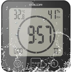 Bathroom Clock Waterproof, Digital Shower Clock with Alarm-Bathroom Humidity Temperature Meter, Digital Shower Wall Clock with Timer Touch Screen Suction Cup Hole for Bathroom Kitchen (Black)