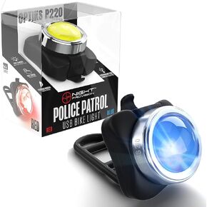 PS1200 Front & OPTIKS 210 Rear Police Patrol Bike Light - Red/Blue Strobe LED - Rechargeable - Water Proof - 5 Modes