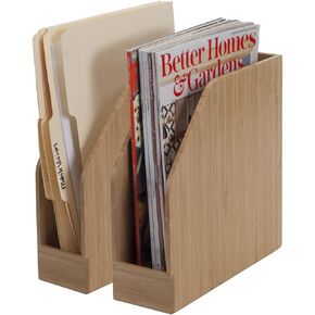 Bamboo Vertical File Folder Holder & Office Product Organizer, Store Files, Magazines, Notepads, Books and More, 2 Pack Combo Set