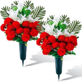 Riceshoot Set of 2 Cemetery Flowers with Vase Artificial Flowers Bouquet for Grave Tombstone Carnation Lily Memorial Flowers Arrangement for Cemetery Headstones Graveyard Decoration (Purple Lily)