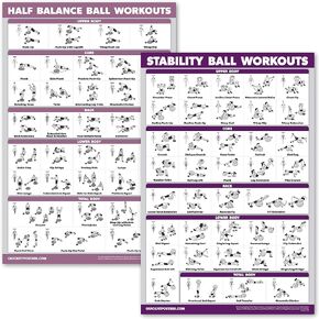 2 Pack: Half Balance Ball Workout Poster + Yoga Ball Exercise Chart - Set of 2 Workout Posters