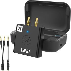 1Mii B05 محول بلوتوث 5.3 لطائرتين Airpods/سماعات الرأس، جهاز إرسال صوت بلوتوث أثناء الطيران مع حقيبة شحن، aptX متكيف/زمن استجابة منخفض/HD، يعمل مع 3.5 Aux على الطيران أو في صالة الألعاب الرياضية - أسود