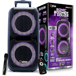 QAISE مكبر صوت بلوتوث محمول وآلة كاريوكي - نظام PA محمول مع ميكروفون لاسلكي، مضخم صوت احترافي مزدوج 10 بوصات مع أضواء، وقت تشغيل 7 ساعات، طاقة ذروة 5000 واط - SonicBoomer X-BASS in Kuwait