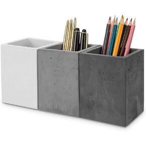 MyGift Modern Gray-Tone Concrete Desktop Pencil Holder Cup and Pen Holder, Office Stationery Organizer, Set of 3