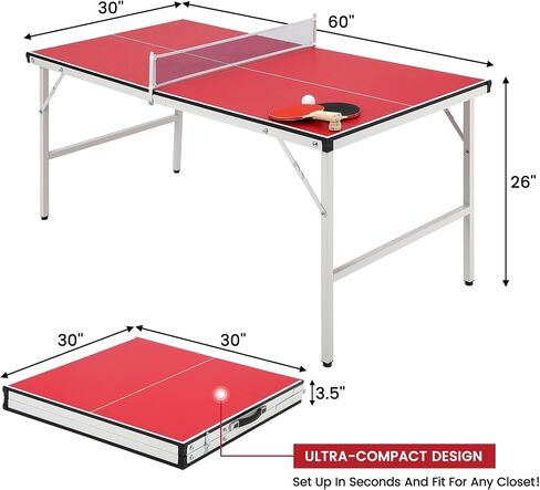 GAOMON Portable Ping Pong Table, Mid-Size Foldable Table Tennis Table wIith Net, 2 Paddles, 3 Balls, Adjustable Feet for Indoor Outdoor, No Assembly Required in Saudi Arabia