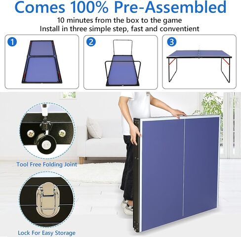 طاولة تنس طاولة بينج بونج قابلة للطي والمحمولة مع شبكة، مجموعة عمود، 2 مجاديف تنس طاولة و3 كرات، لا حاجة إلى التجميع، للألعاب الداخلية والخارجية، متوسطة الحجم، هدايا للأطفال والمراهقين والبالغين in Kuwait