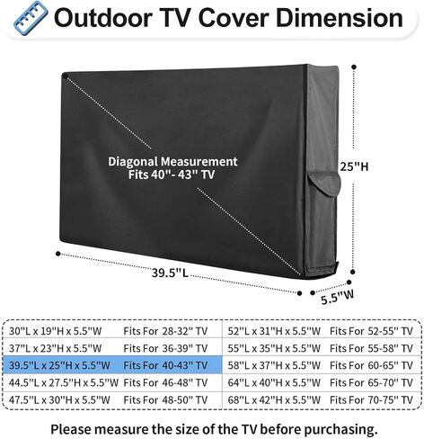 OutdoorLines Patio TV Cover with Bottom Cover for 40-43 In Flat Screen TV | Waterproof & UV Resistant TV Screen Protector, Cover Size 39.5" L x 25" W x 5.5" H, Black in Kuwait