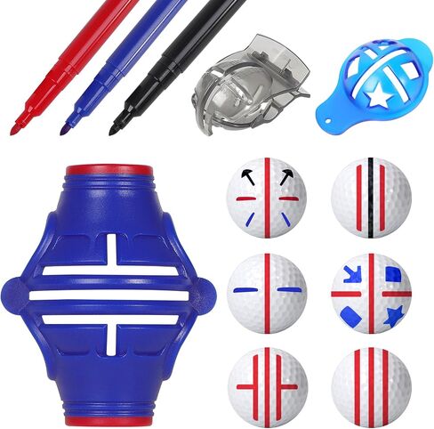 DESELL 6 Pack Golf Ball Marker, 360° Marker Stencil, 2× Ball Markers Stencils, 3× Color Line Markers Pens, Triple Track Plastic Golf Ball Line Marking Alignment Tool Kit in Saudi Arabia