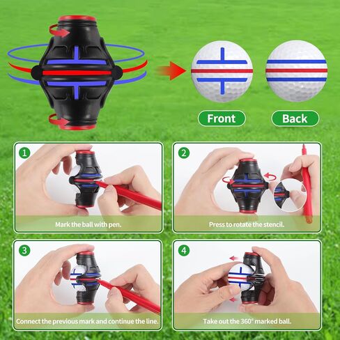 DESELL 6 Pack Golf Ball Marker, 360° Marker Stencil, 2× Ball Markers Stencils, 3× Color Line Markers Pens, Triple Track Plastic Golf Ball Line Marking Alignment Tool Kit in Saudi Arabia