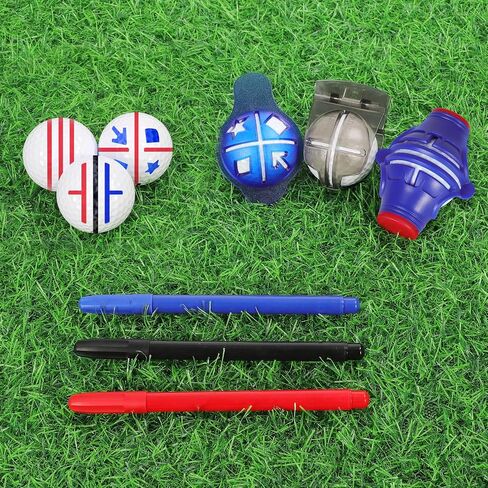 DESELL 6 Pack Golf Ball Marker, 360° Marker Stencil, 2× Ball Markers Stencils, 3× Color Line Markers Pens, Triple Track Plastic Golf Ball Line Marking Alignment Tool Kit in Saudi Arabia