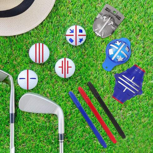 DESELL 6 Pack Golf Ball Marker, 360° Marker Stencil, 2× Ball Markers Stencils, 3× Color Line Markers Pens, Triple Track Plastic Golf Ball Line Marking Alignment Tool Kit in Saudi Arabia