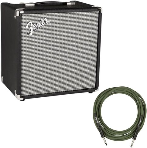 Fender Rumble 25 (V3) Bass Amplifier with 8" Speaker Bundle with Fender Joe Strummer Instrument Cable (13ft) Straight/Straight, Drab Green in Saudi Arabia