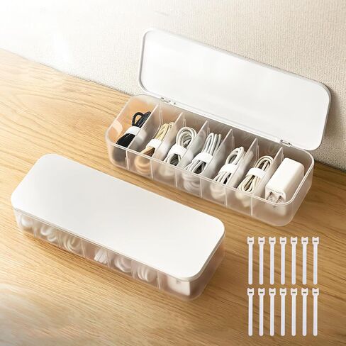 2 Pcs Cable Organizer Storage Box with 14 Wire Ties,Desktop Cable Management Box with Lid,Power Cord Organizer for Office,Home,Desk Accessories Storage Stationery Supplies White in Saudi Arabia