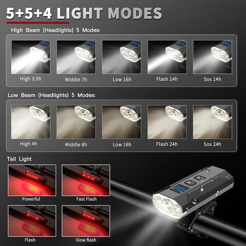 Brarvagur Super Bright 3 LED أضواء الدراجة القابلة لإعادة الشحن للركوب الليلي، 5+5+4 أوضاع للدراجة الأمامية ومجموعة الإضاءة الخلفية مع شعاع عالٍ وإضاءة منخفضة الشعاع، IP65 5200 مللي أمبير في الساعة أضواء الدراجة لجبل الطريق in Kuwait
