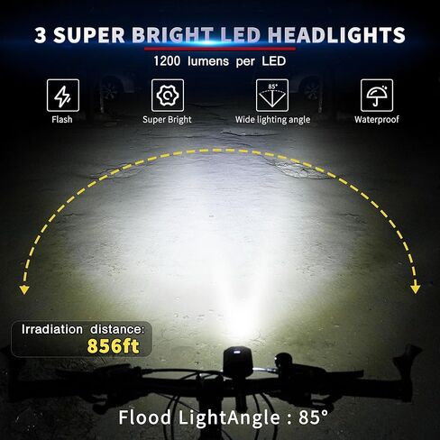 Brarvagur Super Bright 3 LED أضواء الدراجة القابلة لإعادة الشحن للركوب الليلي، 5+5+4 أوضاع للدراجة الأمامية ومجموعة الإضاءة الخلفية مع شعاع عالٍ وإضاءة منخفضة الشعاع، IP65 5200 مللي أمبير في الساعة أضواء الدراجة لجبل الطريق in Kuwait