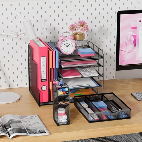 VIVSOL Desk Organizers and Accessories Storage with Large Vertical File Holder, 5-Tier Letter Tray Desk Organizers with Sliding drawers and Movable Pen Holder, Desk Organizer Shelf for Office Supplies in Saudi Arabia