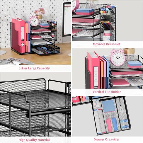 VIVSOL Desk Organizers and Accessories Storage with Large Vertical File Holder, 5-Tier Letter Tray Desk Organizers with Sliding drawers and Movable Pen Holder, Desk Organizer Shelf for Office Supplies in Saudi Arabia