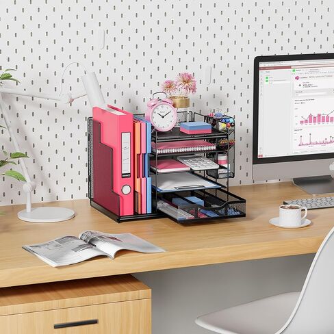 VIVSOL Desk Organizers and Accessories Storage with Large Vertical File Holder, 5-Tier Letter Tray Desk Organizers with Sliding drawers and Movable Pen Holder, Desk Organizer Shelf for Office Supplies in Saudi Arabia
