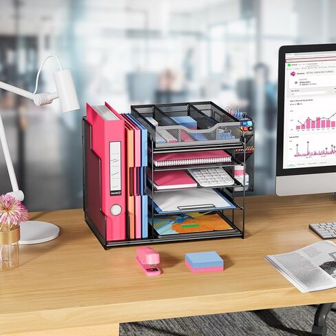 VIVSOL Desk Organizers and Accessories Storage with Large Vertical File Holder, 5-Tier Letter Tray Desk Organizers with Sliding drawers and Movable Pen Holder, Desk Organizer Shelf for Office Supplies in Saudi Arabia
