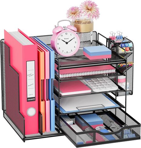 VIVSOL Desk Organizers and Accessories Storage with Large Vertical File Holder, 5-Tier Letter Tray Desk Organizers with Sliding drawers and Movable Pen Holder, Desk Organizer Shelf for Office Supplies in Saudi Arabia