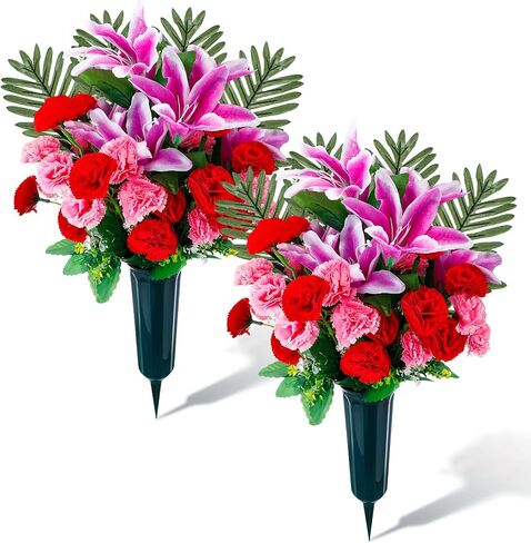Riceshoot Set of 2 Cemetery Flowers with Vase Artificial Flowers Bouquet for Grave Tombstone Carnation Lily Memorial Flowers Arrangement for Cemetery Headstones Graveyard Decoration (Purple Lily) in Saudi Arabia