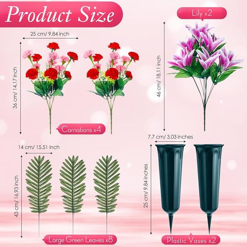 Riceshoot Set of 2 Cemetery Flowers with Vase Artificial Flowers Bouquet for Grave Tombstone Carnation Lily Memorial Flowers Arrangement for Cemetery Headstones Graveyard Decoration (Purple Lily) in Saudi Arabia