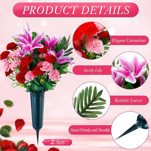 Riceshoot Set of 2 Cemetery Flowers with Vase Artificial Flowers Bouquet for Grave Tombstone Carnation Lily Memorial Flowers Arrangement for Cemetery Headstones Graveyard Decoration (Purple Lily) in Saudi Arabia