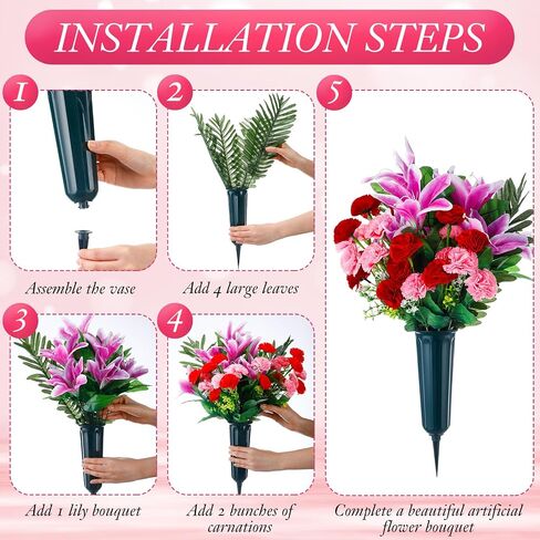 Riceshoot Set of 2 Cemetery Flowers with Vase Artificial Flowers Bouquet for Grave Tombstone Carnation Lily Memorial Flowers Arrangement for Cemetery Headstones Graveyard Decoration (Purple Lily) in Saudi Arabia